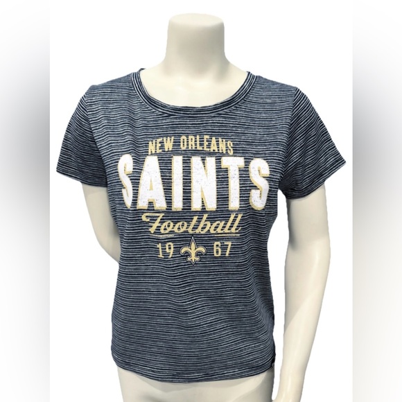NFL Team Apparel New Orleans Saints Graphic Striped Tee Women’s Large Black Gold - Picture 1 of 9